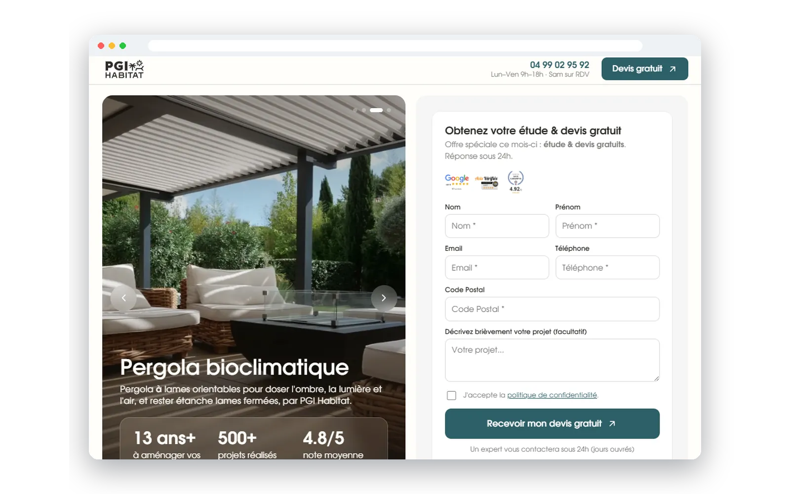 Landing page de PGI Habitat pour la pergola bioclimatique